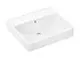 Weißer Waschtisch mit flacher, eckiger Form und mittigem Ablauf. Kein Hahnloch vorhanden. Marke: Hansgrohe.